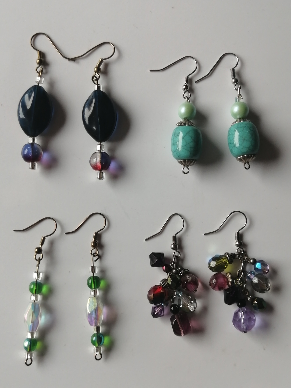 Handmade Mixed Bead Drop Earrings - Green, Turquoise, Black, Purple